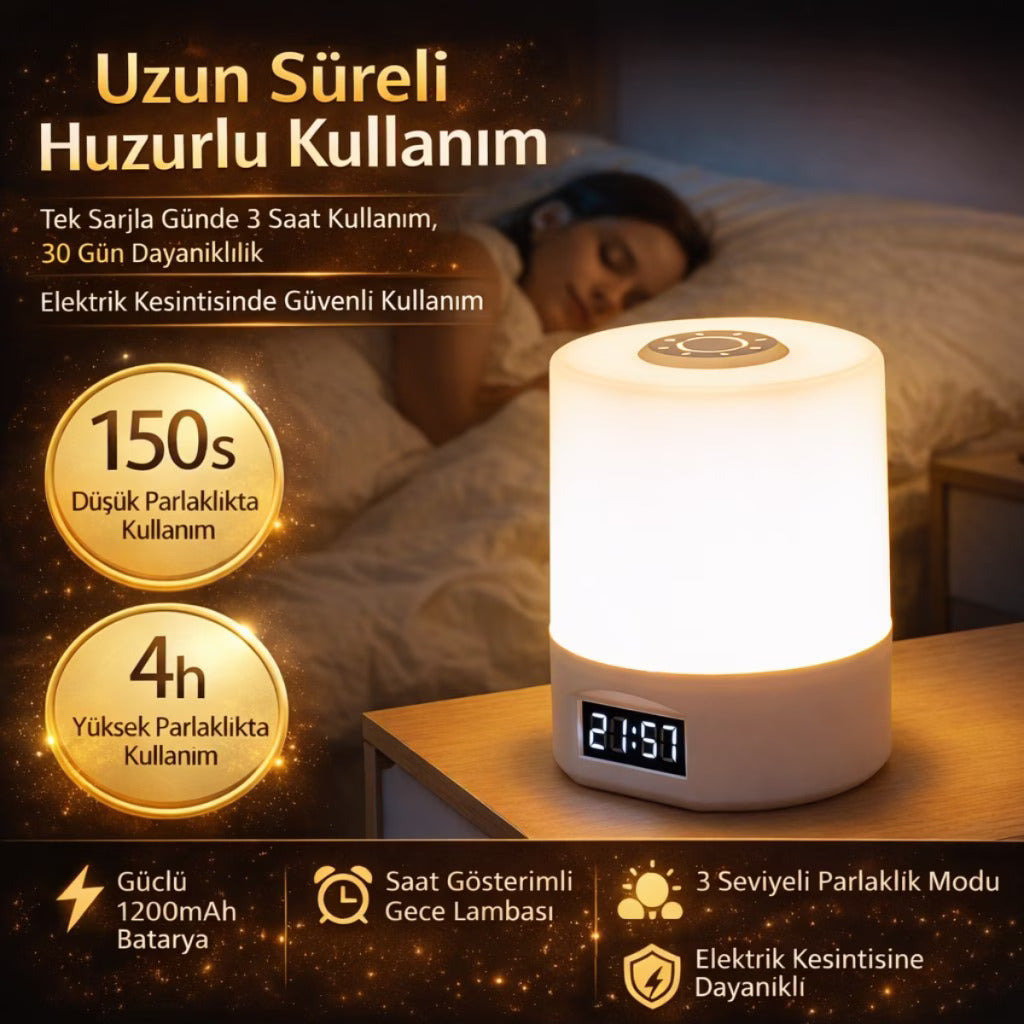 Dijital Saatli Dokunmatik Gece Lambası - Şarjlı Taşınabilir Masa Lambası & Mood Light